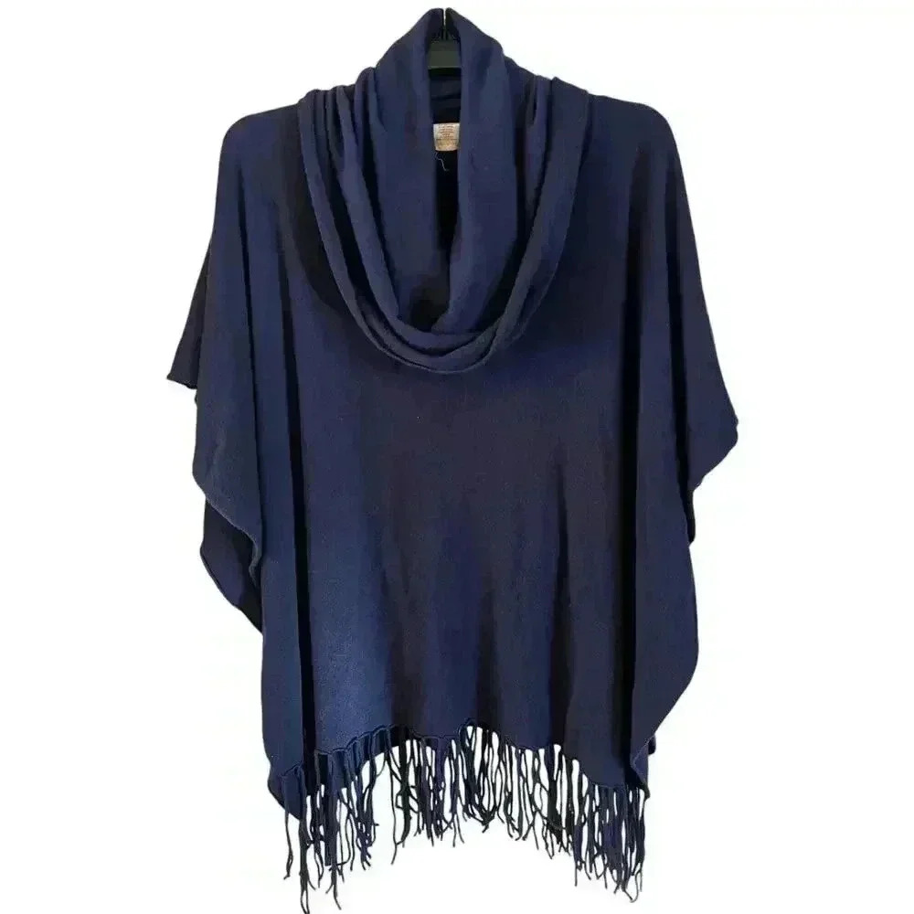 Lovestitch Womens Poncho One Size Navy Blue Fringe Hem Knit Cowl Neck